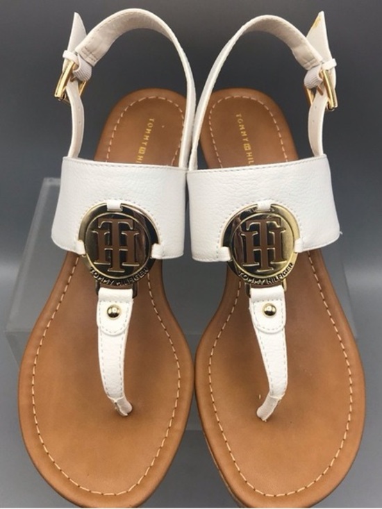 Tommy Hilfiger Shoes - Tommy Hilfiger White Leather T-Strap Sandals with Gold Logo